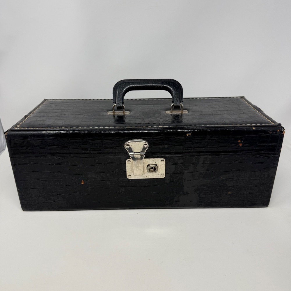 Vintage Black Faux Crocodile Cassette Tape Storage Case Red Interior Holds 24